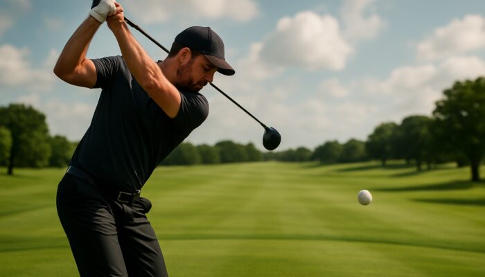 Golfer striking a low-spin golf ball soaring straight over a lush fairway for enhanced distance and control