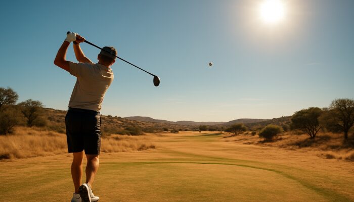 Golfer swings low-spin ball on sun-scorched South African course under a blazing summer sky