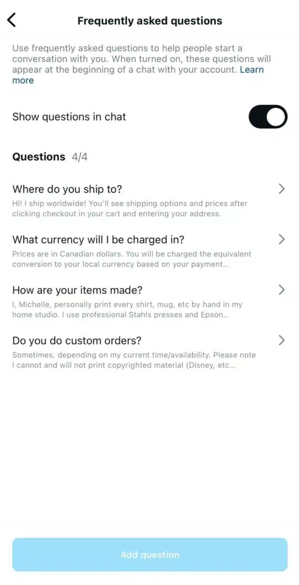 Frequently asked questions toggle button to show questions in chat