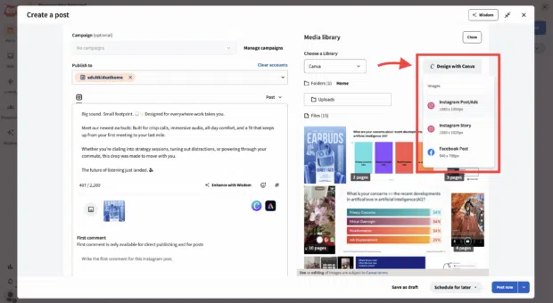 Social media image size options in Perch by Hootsuite’s post creation workflow, showing network-optimized templates for platforms like Instagram, Facebook, and Stories.