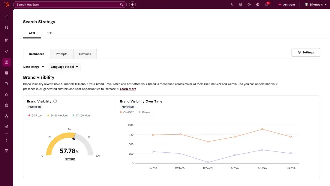 HubSpot AEO tool dashboard displaying brand visibility score and AI search tool metrics