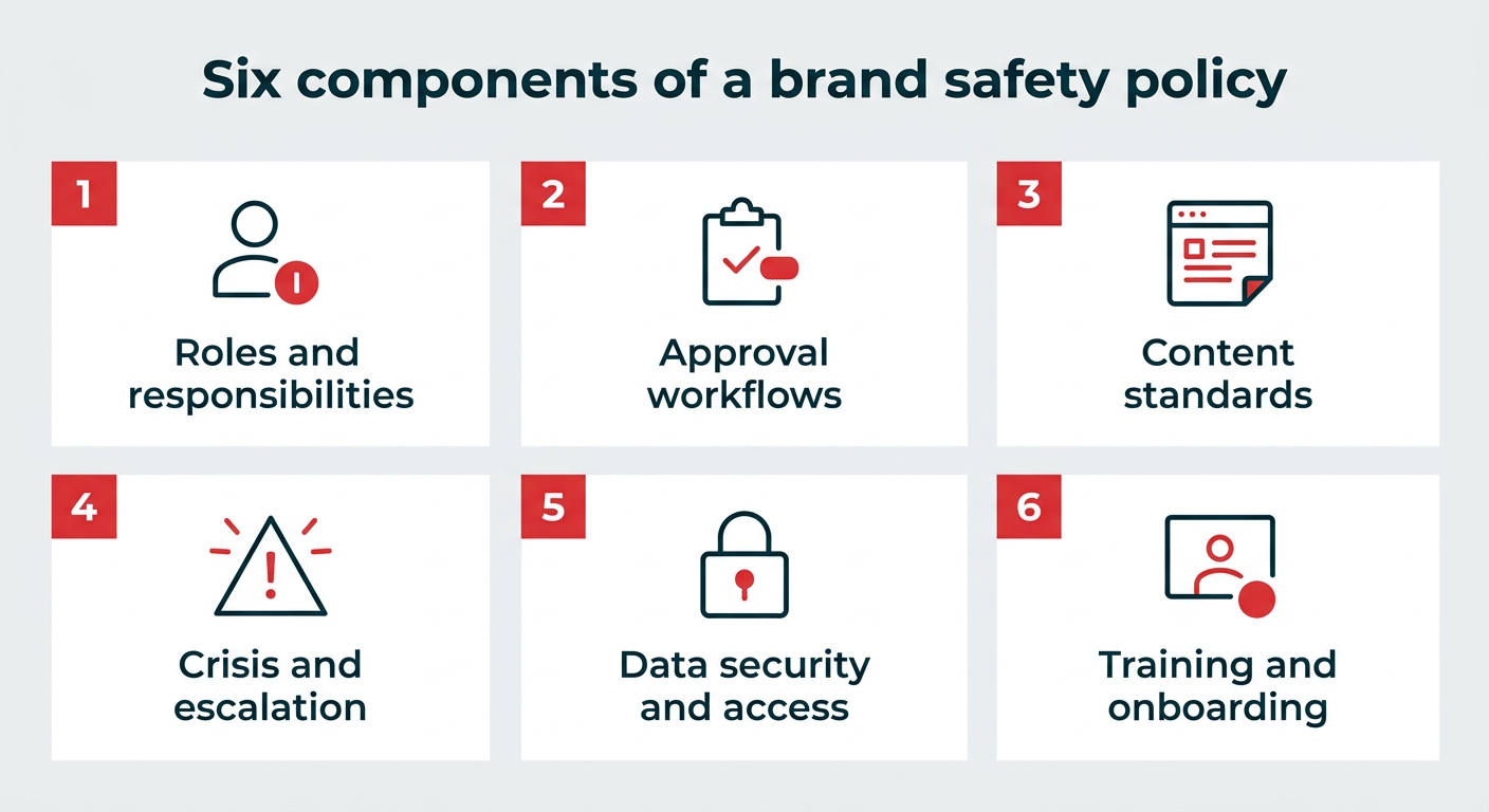 Six components of a brand safety policy — roles and responsibilities, approval workflows, content standards, crisis and escalation, data security and access, and training and onboarding.