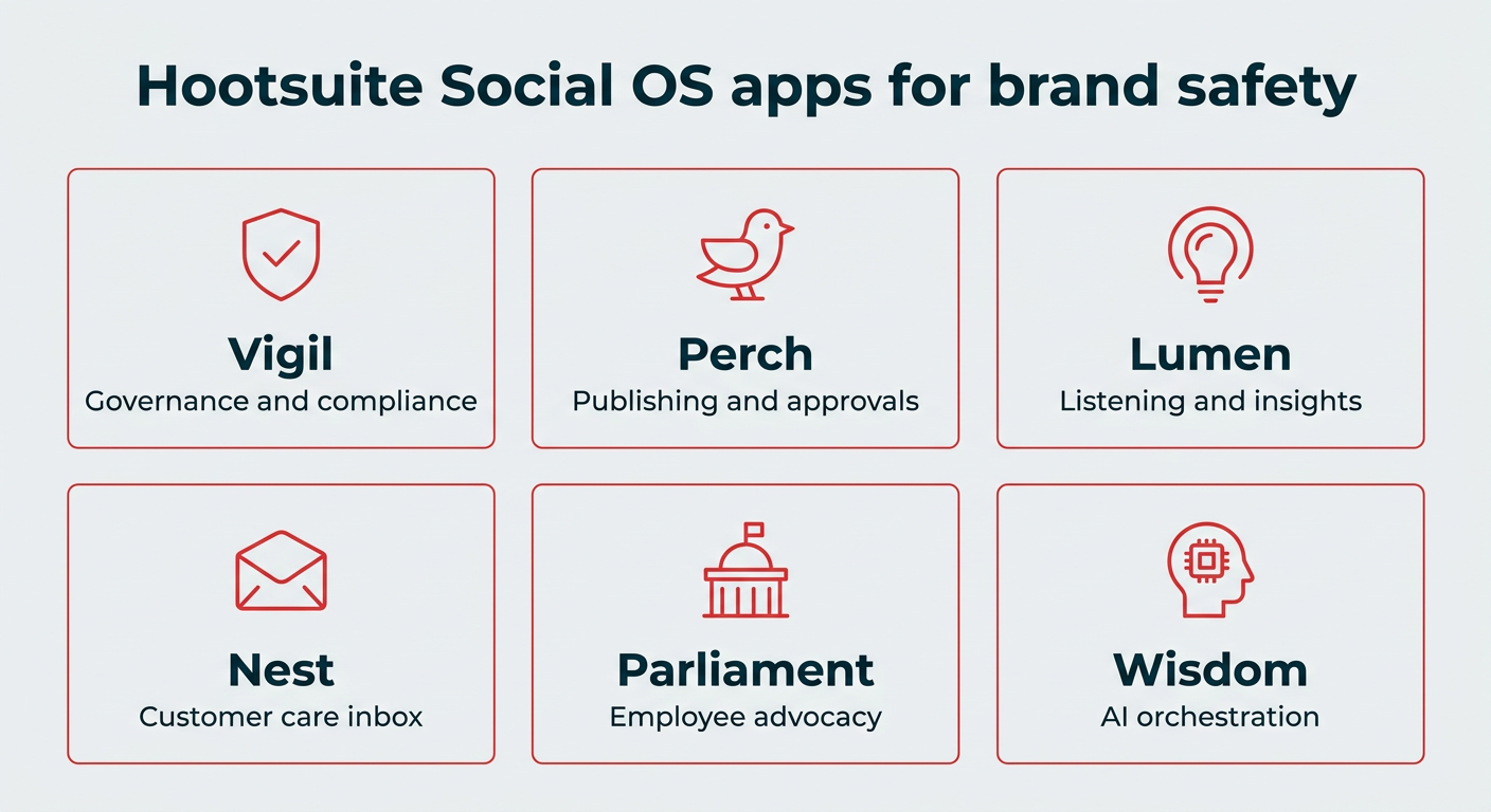 Hootsuite Social OS apps for brand safety — Vigil for governance and compliance, Perch for publishing and approvals, Lumen for listening and insights, Nest for the customer care inbox, Parliament for employee advocacy, and Wisdom for AI orchestration.