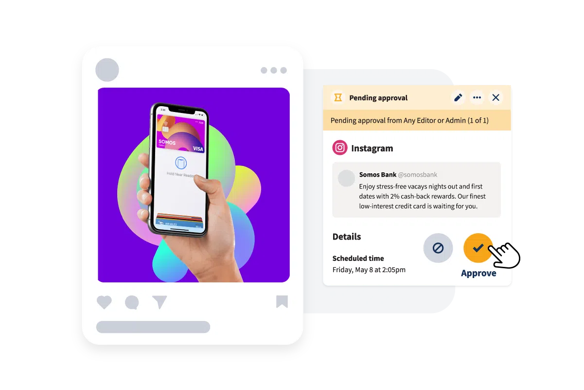 Screen capture of a Somos Bank Instagram post pending approval, showing a critical step in the internal policies for brand safety workflow before publishing content.