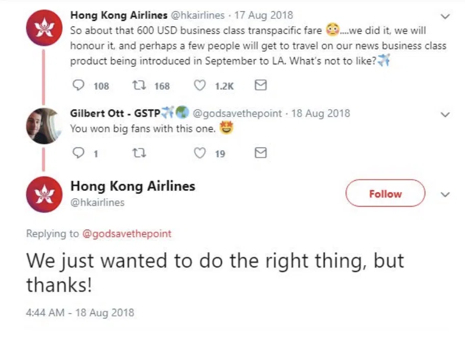 Twitter conversation with Hong Kong Airlines honoring a mistake fare and stating they just wanted to do the right thing, demonstrating a public decision aligned with internal policies for brand safety and customer relations.
