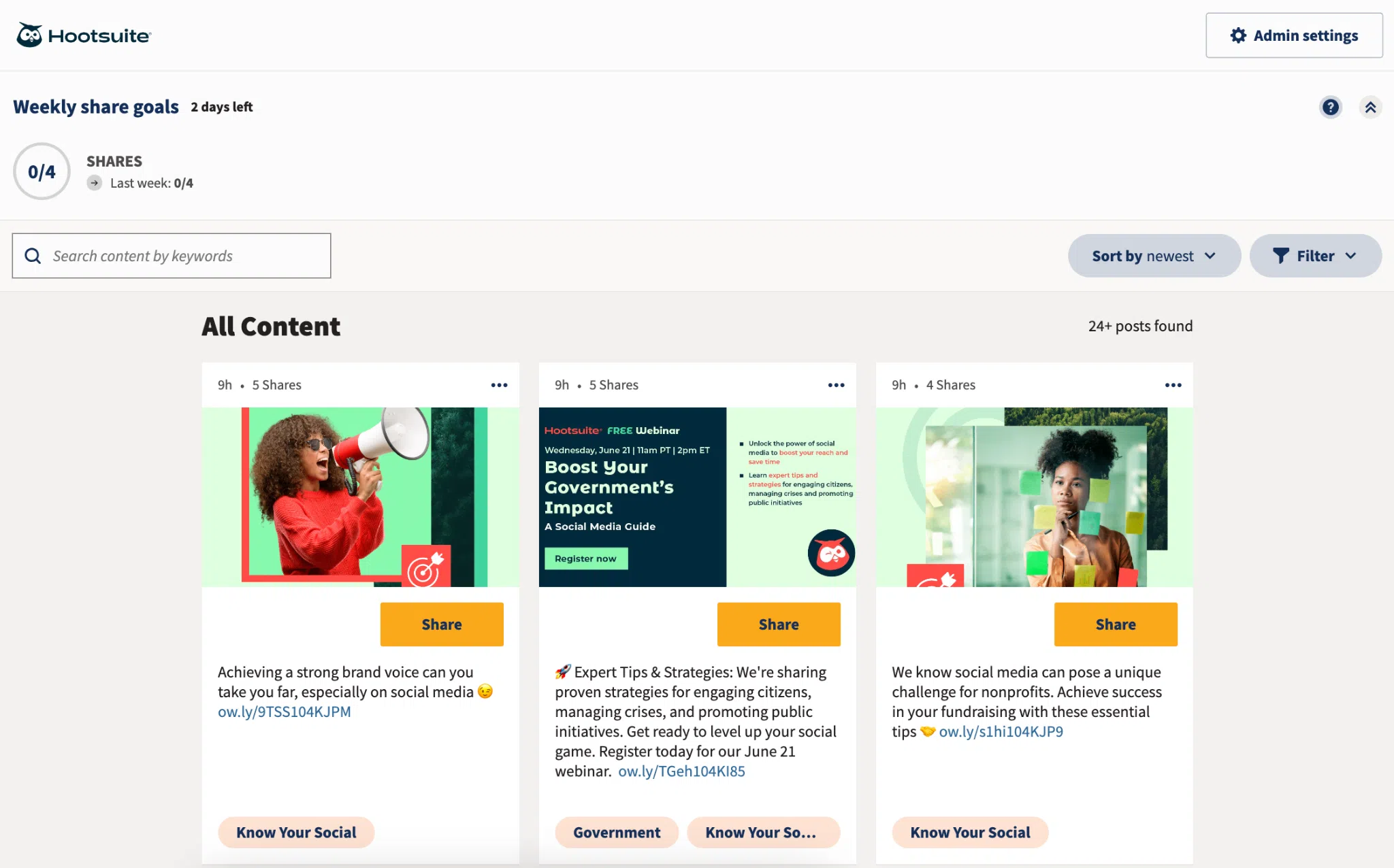 Hootsuite social media calendar showing posts related to achieving a strong brand voice and managing public initiatives, which are examples of adhering to internal policies for brand safety.