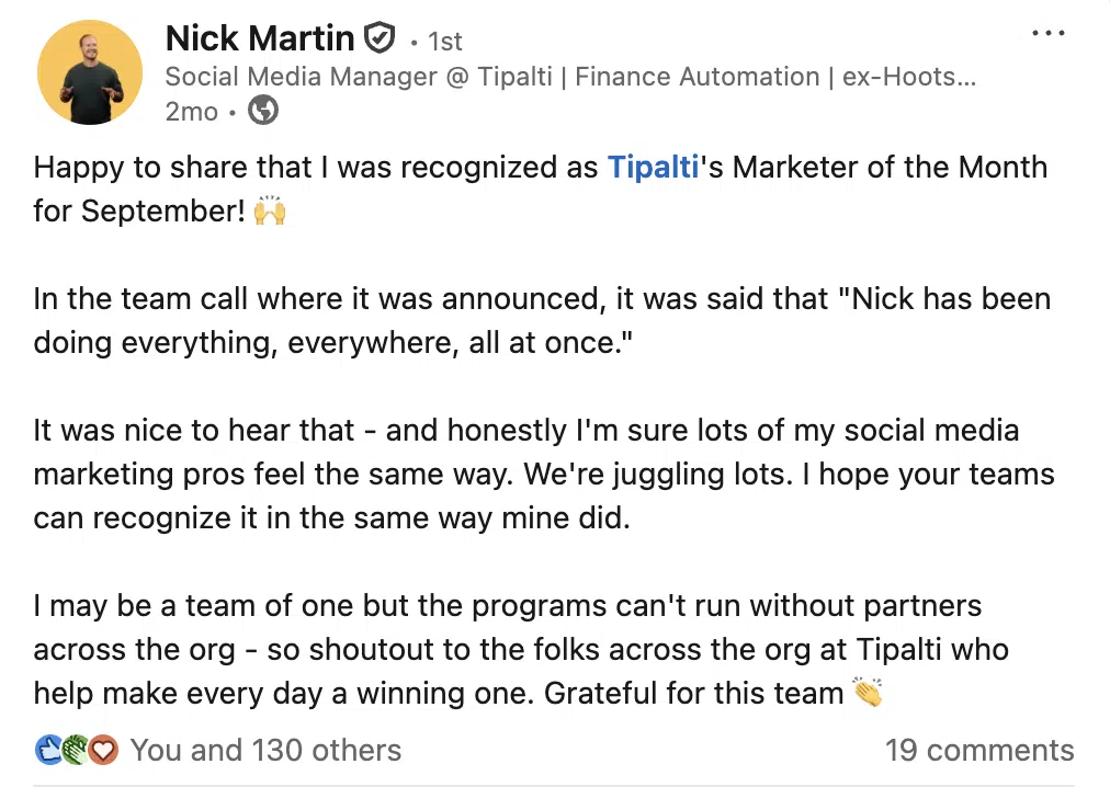 LinkedIn post by a Social Media Manager recognized as Marketer of the Month, highlighting the effort involved in running marketing programs that align with internal policies for brand safety.